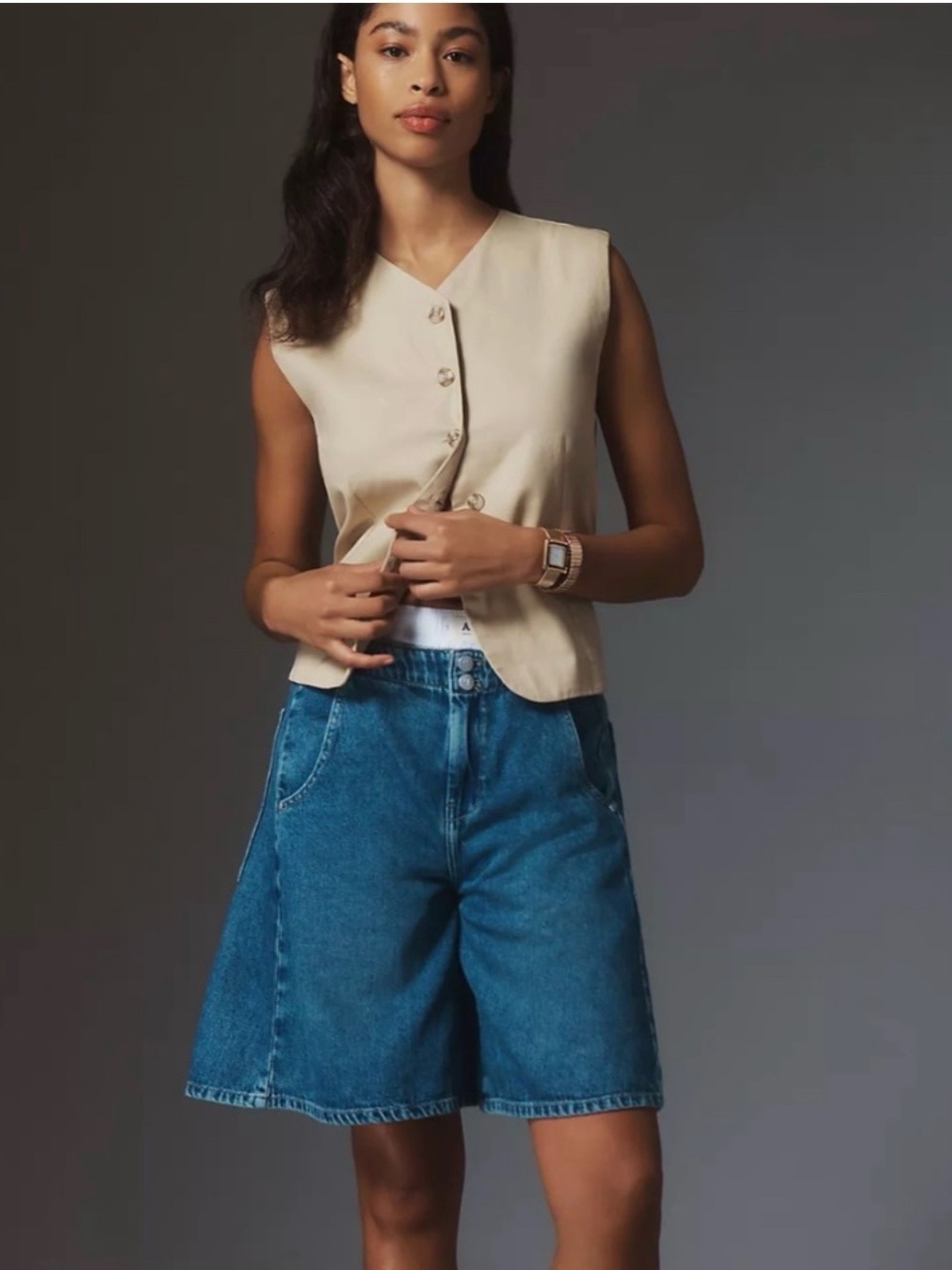 Relaxed Blue Denim Bermuda: Gaucho Shorts with Mid Rise